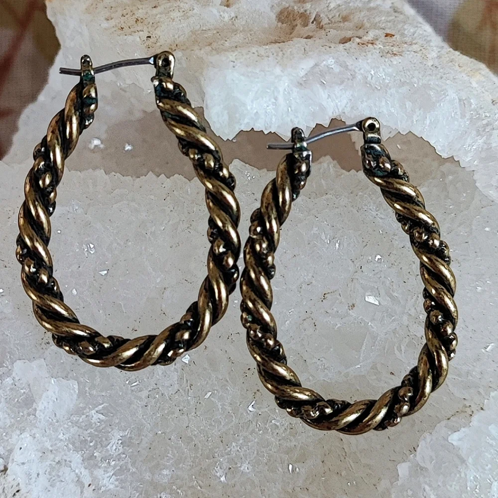 Vintage Unsigned Brass Tone Twisted Horseshoe Hoop Shaped Pierced Earrings